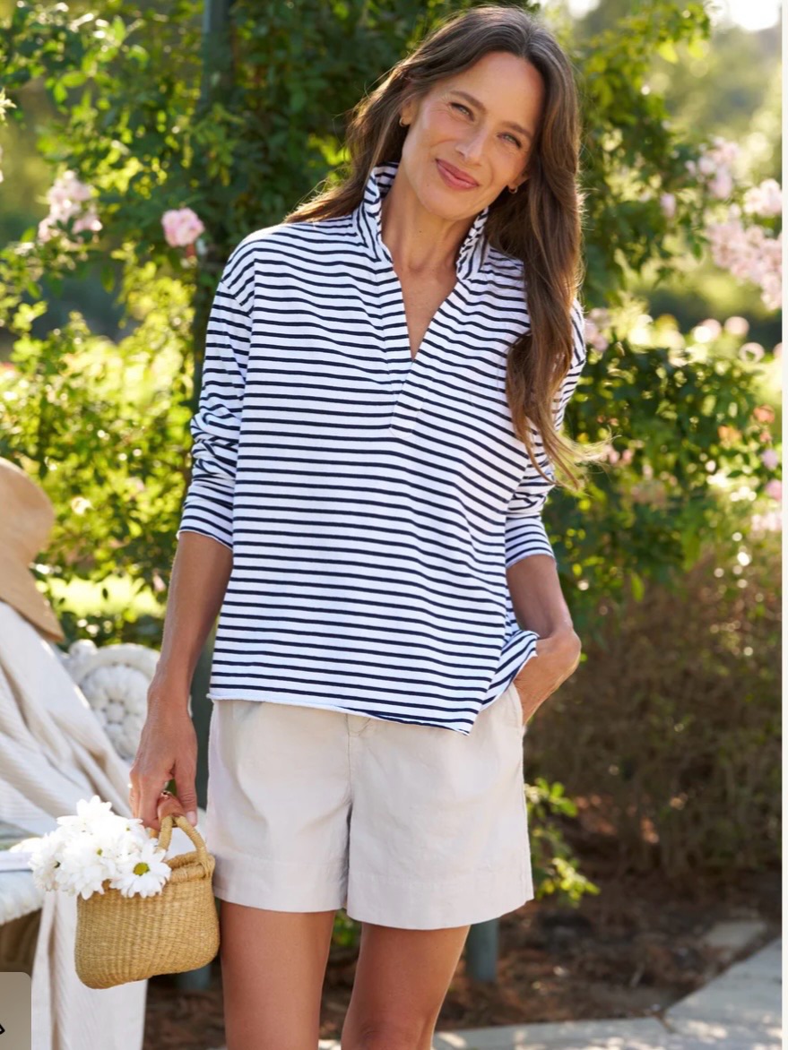 Frank & Eileen Patrick Popover Henley Navy French Stripe